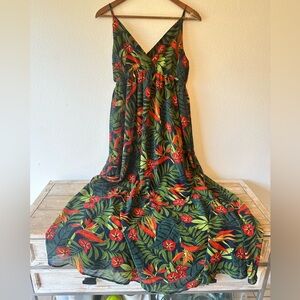 Molly Bracken Blue Green Orange Red Hawaiian Print Maxi Dress (M)